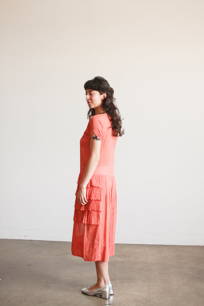 1920s Swiss Dot Persimmon Ruffled Dress