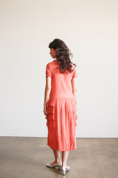 1920s Swiss Dot Persimmon Ruffled Dress