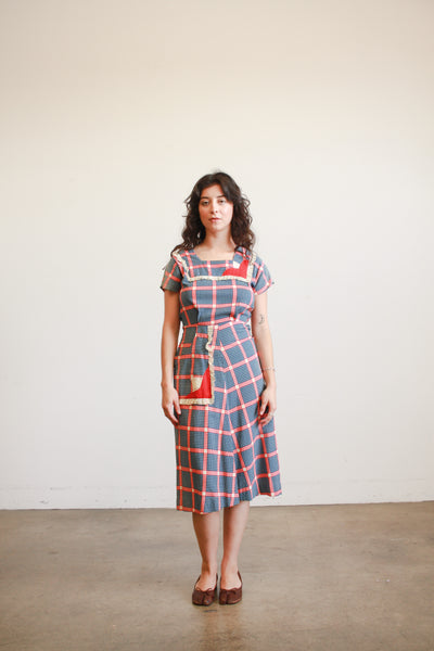 1930s Navy and Red Box Print Cotton Dress