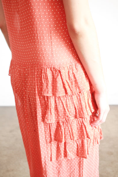 1920s Swiss Dot Persimmon Ruffled Dress