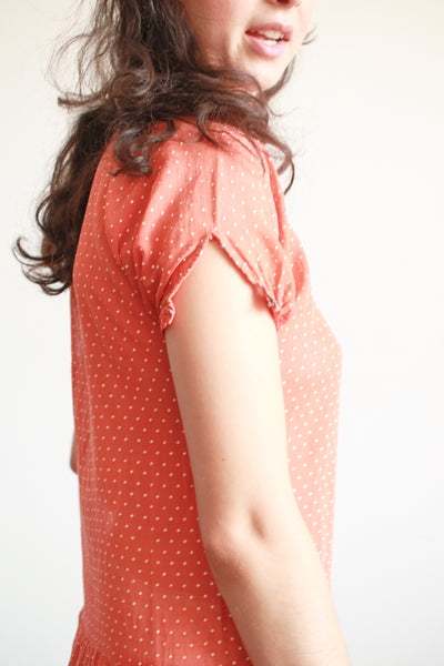 1920s Swiss Dot Persimmon Ruffled Dress