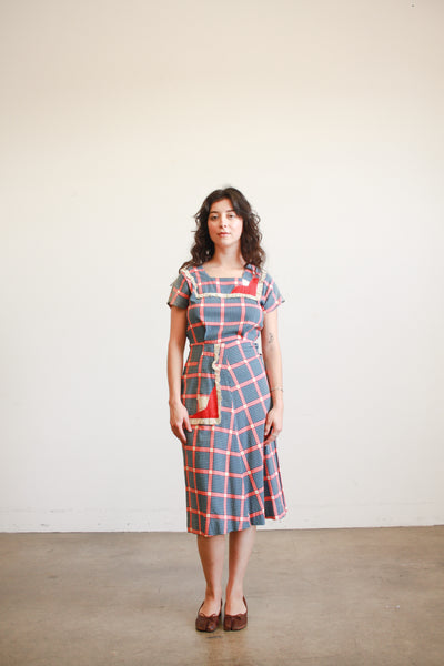 1930s Navy and Red Box Print Cotton Dress