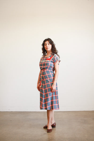 1930s Navy and Red Box Print Cotton Dress