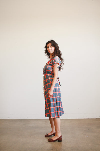 1930s Navy and Red Box Print Cotton Dress