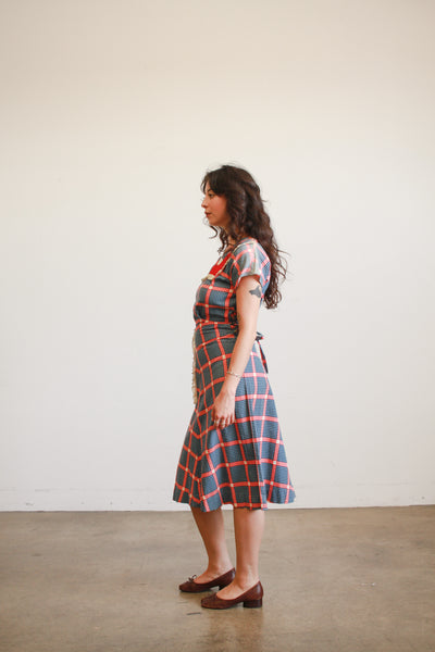 1930s Navy and Red Box Print Cotton Dress