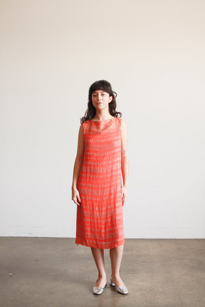 1950s Orange Glitter Striped Shift Dress