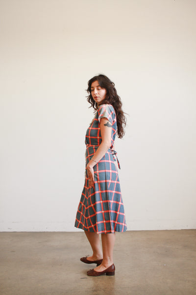 1930s Navy and Red Box Print Cotton Dress