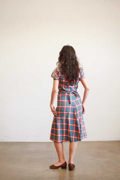 1930s Navy and Red Box Print Cotton Dress