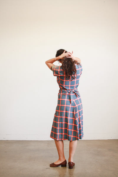 1930s Navy and Red Box Print Cotton Dress