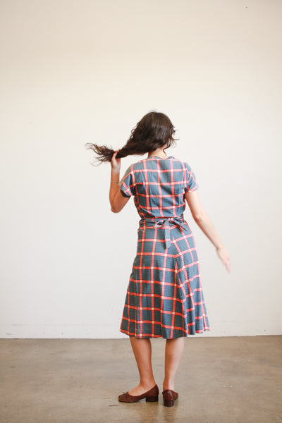 1930s Navy and Red Box Print Cotton Dress
