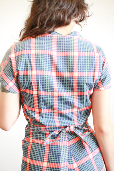 1930s Navy and Red Box Print Cotton Dress