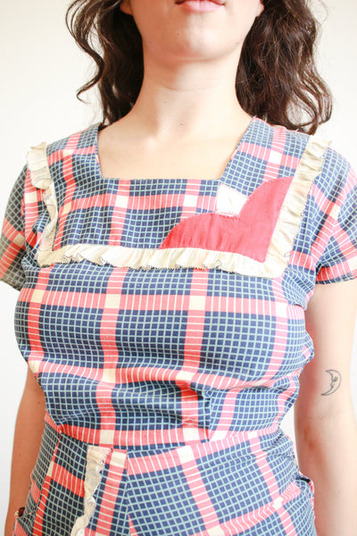 1930s Navy and Red Box Print Cotton Dress