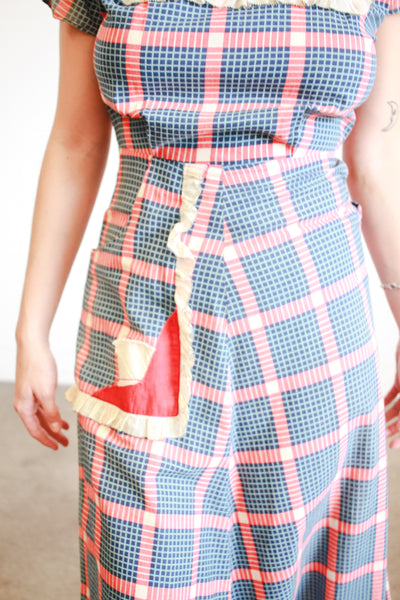 1930s Navy and Red Box Print Cotton Dress