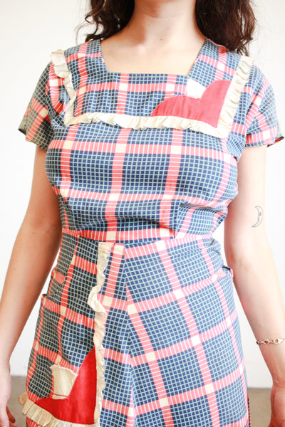 1930s Navy and Red Box Print Cotton Dress