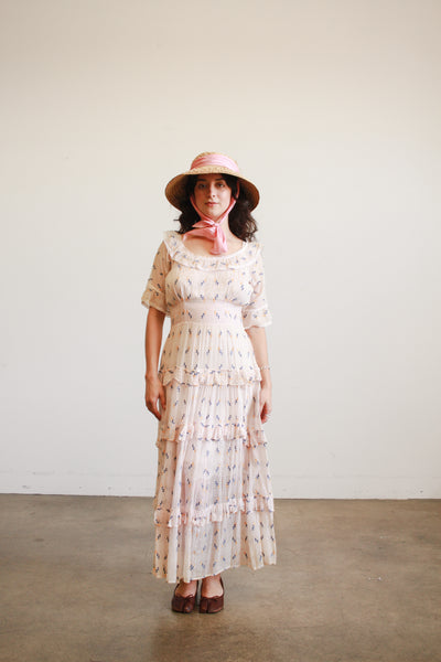 1940s Pink Woven Embroidered Tiered Dress