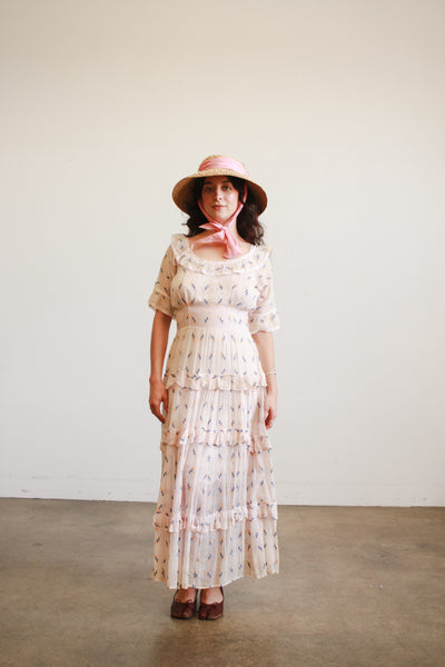 1940s Pink Woven Embroidered Tiered Dress