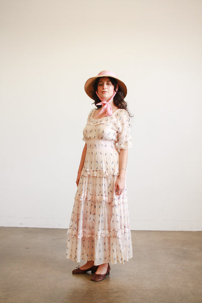 1940s Pink Woven Embroidered Tiered Dress