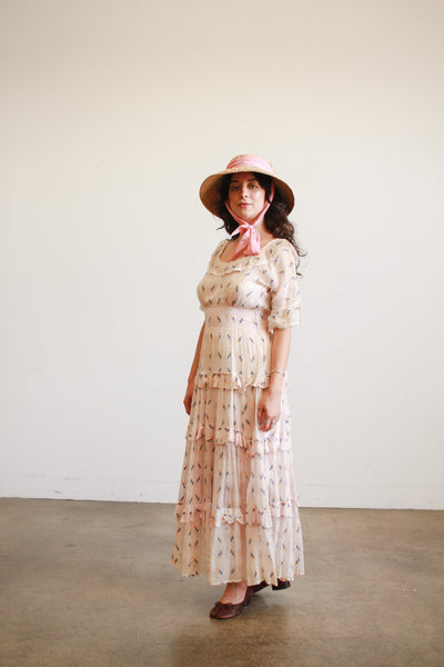 1940s Pink Woven Embroidered Tiered Dress
