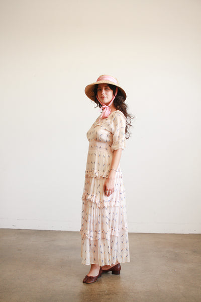 1940s Pink Woven Embroidered Tiered Dress