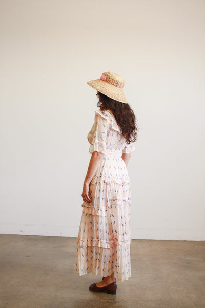 1940s Pink Woven Embroidered Tiered Dress