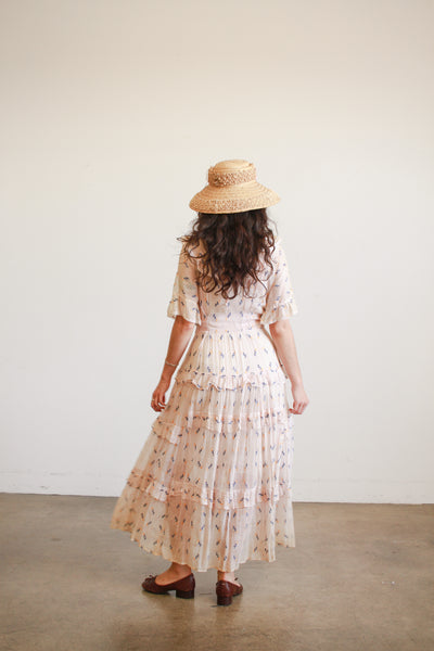1940s Pink Woven Embroidered Tiered Dress