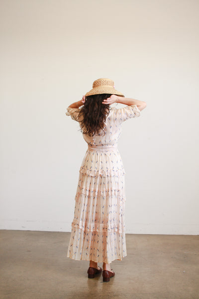 1940s Pink Woven Embroidered Tiered Dress