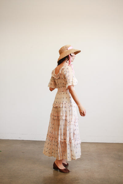 1940s Pink Woven Embroidered Tiered Dress