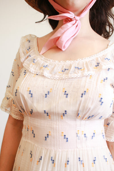 1940s Pink Woven Embroidered Tiered Dress