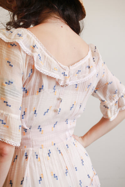 1940s Pink Woven Embroidered Tiered Dress