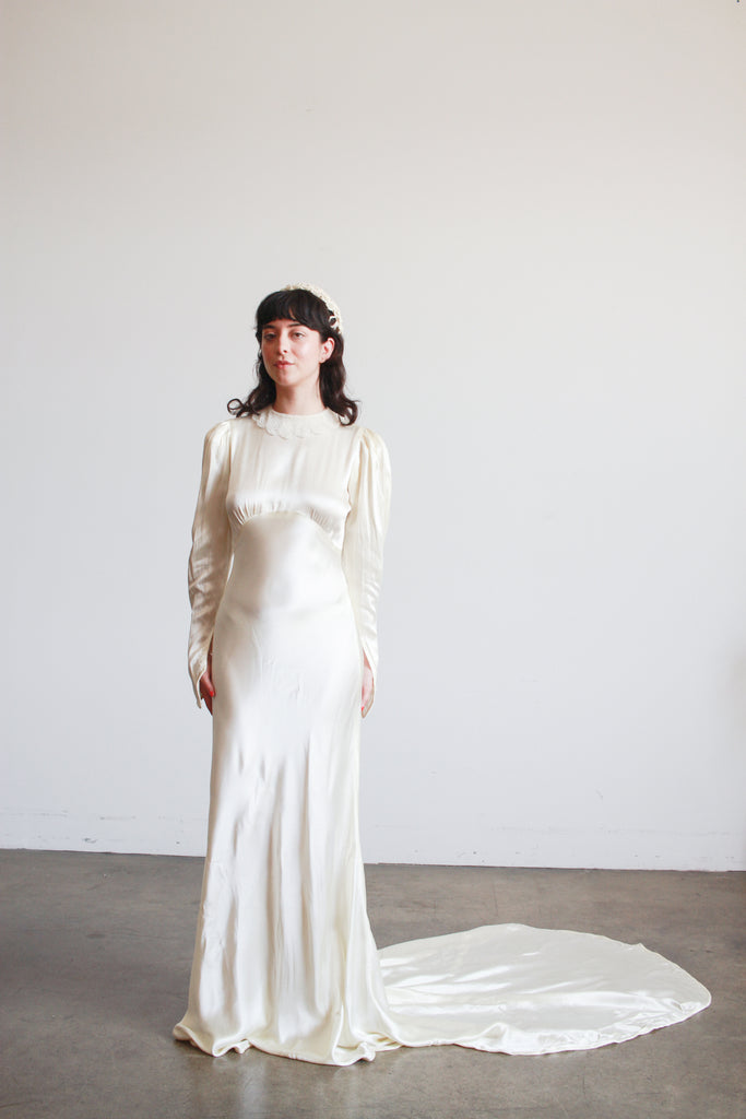 1930s Ivory Liquid Satin Bias Gown Blossom Vintage 1930s Ivory Liquid Satin Bias Gown Blossom Vintage