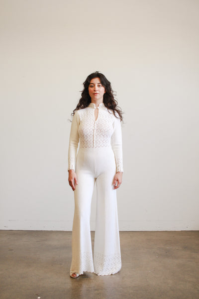 1960s White Cotton Knit Jumpsuit
