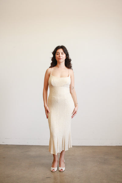 1990s Carmen Marc Valvo Iridescent Beaded Midi Dress