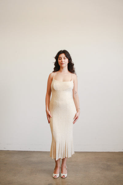 1990s Carmen Marc Valvo Iridescent Beaded Midi Dress