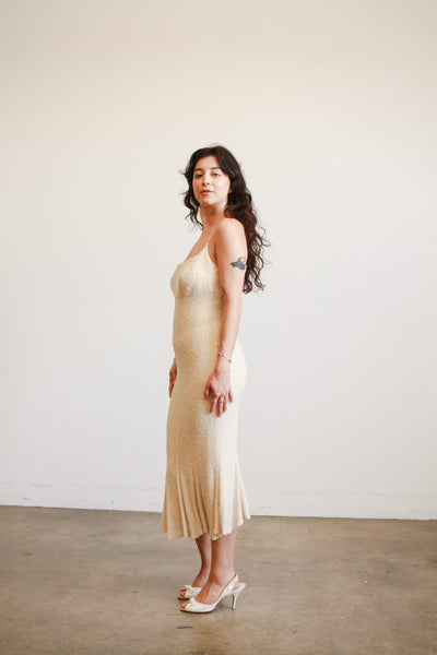 1990s Carmen Marc Valvo Iridescent Beaded Midi Dress