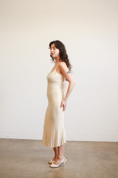 1990s Carmen Marc Valvo Iridescent Beaded Midi Dress