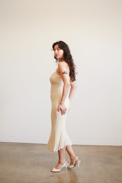 1990s Carmen Marc Valvo Iridescent Beaded Midi Dress