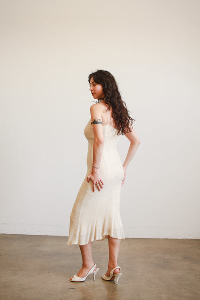 1990s Carmen Marc Valvo Iridescent Beaded Midi Dress