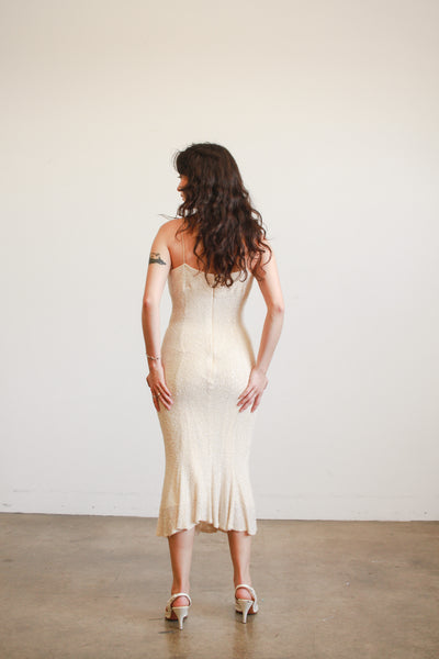 1990s Carmen Marc Valvo Iridescent Beaded Midi Dress