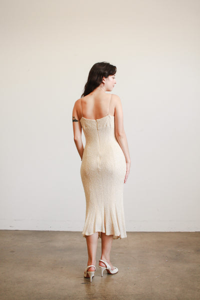 1990s Carmen Marc Valvo Iridescent Beaded Midi Dress