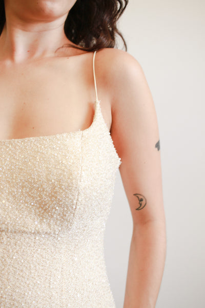 1990s Carmen Marc Valvo Iridescent Beaded Midi Dress