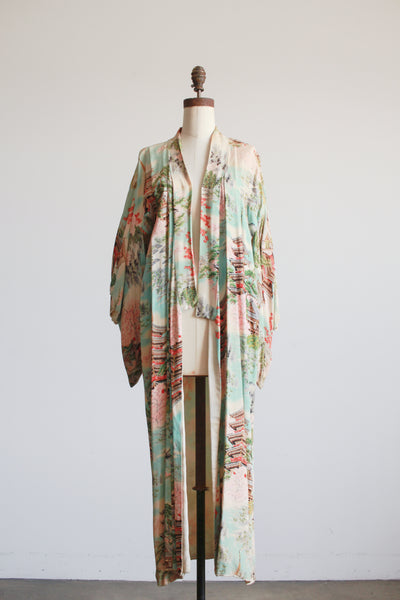 1940s Mint Silk Crepe Japanese Motif Kimono