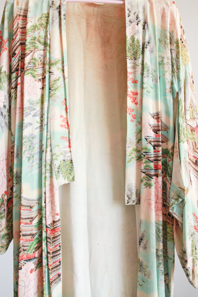 1940s Mint Silk Crepe Japanese Motif Kimono