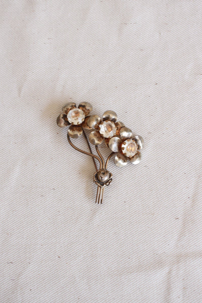 1950s Silver Flower Bouquet Gem Brooch