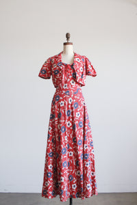 1930s Berry Barkcloth Floral Print Dress Set