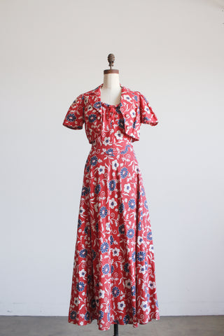 1930s Berry Barkcloth Floral Print Dress Set