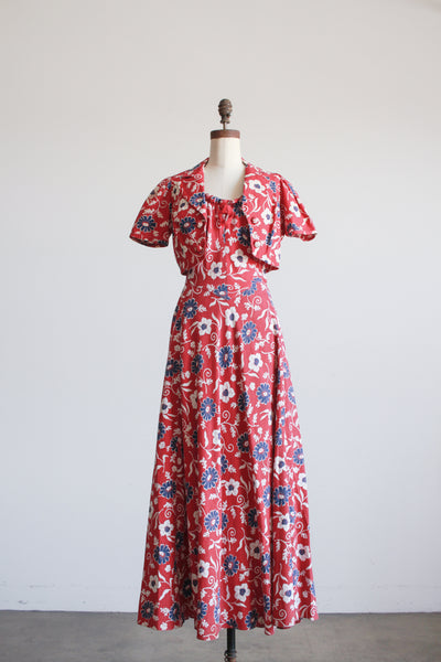 1930s Berry Barkcloth Floral Print Dress Set