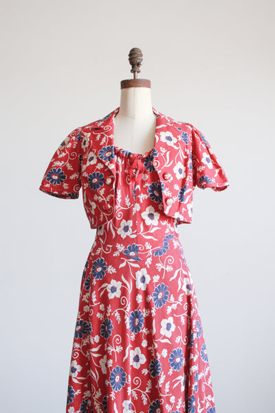 1930s Berry Barkcloth Floral Print Dress Set
