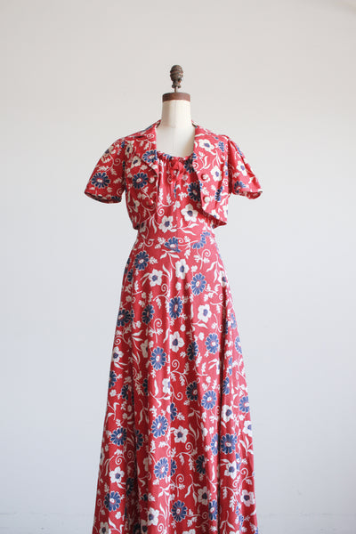 1930s Berry Barkcloth Floral Print Dress Set