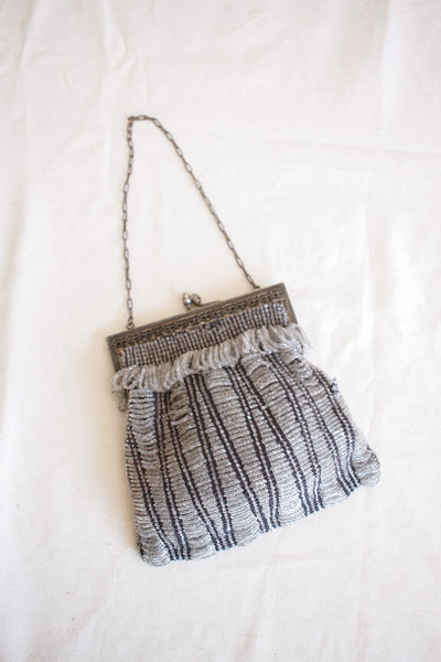 1920s Grey Beaded Metal Chain Handbag