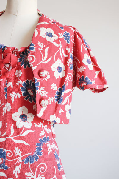 1930s Berry Barkcloth Floral Print Dress Set